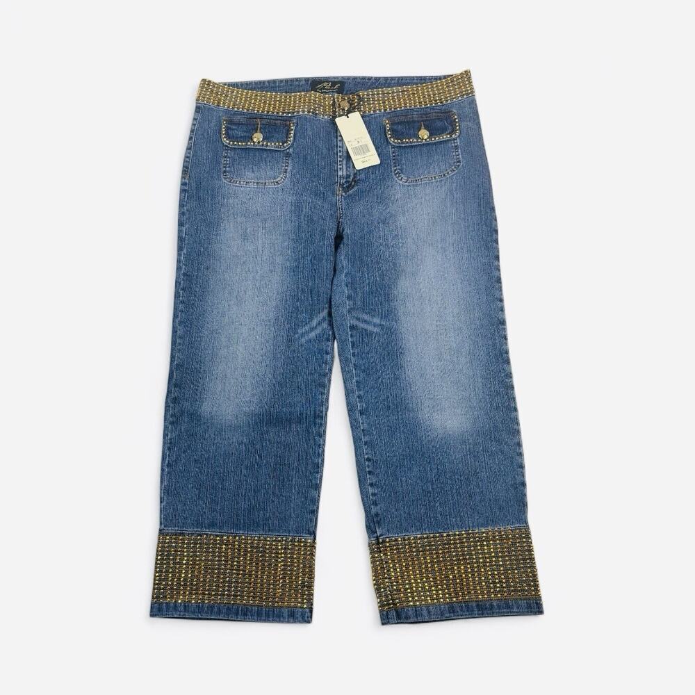 Platinum Plush Jeans Pants Women's 21 Blue Wide Straight Leg Cropped Embellished